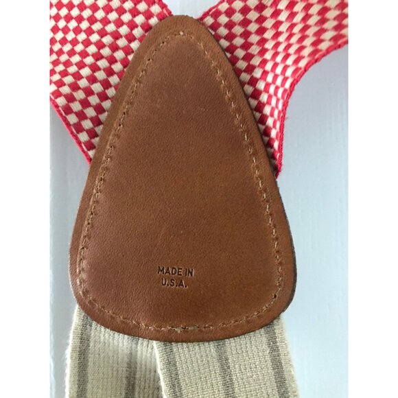 Vintage Big Sport Red & Tan Checkered Suspenders Leather Elastic Braces Silver - Picture 9 of 9